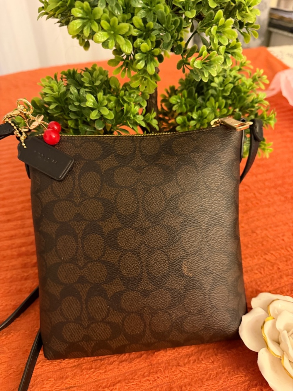 Coach Brown Signature Crossbody with Cherry Charm - Picture 7 of 16